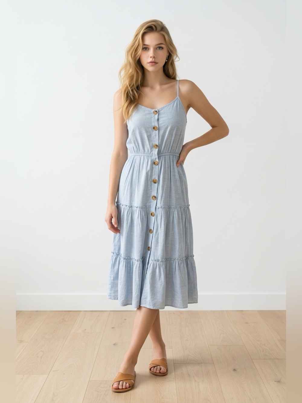 Hayden LA Light Blue Button-Front Tiered Spaghetti-Strap Midi Dress